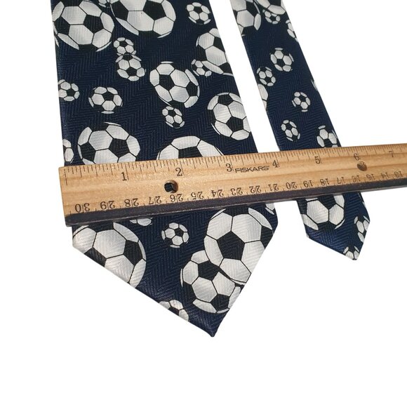 Romario Manzini Soccer Ball Necktie Mens Sports Pattern Navy White 3 Inch Tie - Picture 2 of 5